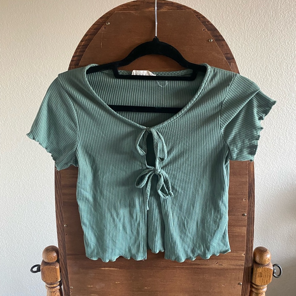 Green Ribbed Tie-Front Top